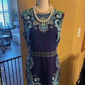 London Times Women’s Sz 8 Sleeveless Sheath Dress Navy Blue Aqua Paisley - NEW